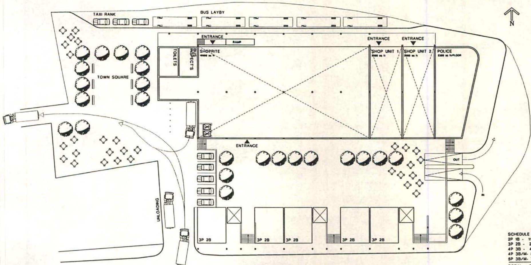 A black and white site layout plan showing the proposed arrangement of retail units, a police station, parking areas, and public spaces like a town square.