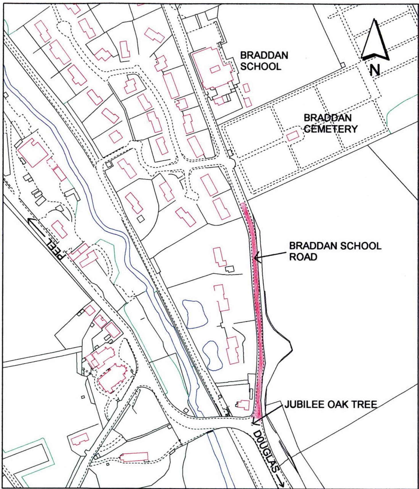 A site plan map showing the proposed highway widening on Braddan School Road, highlighting the affected area in pink between Braddan Cemetery and the Jubilee Oak Tree.