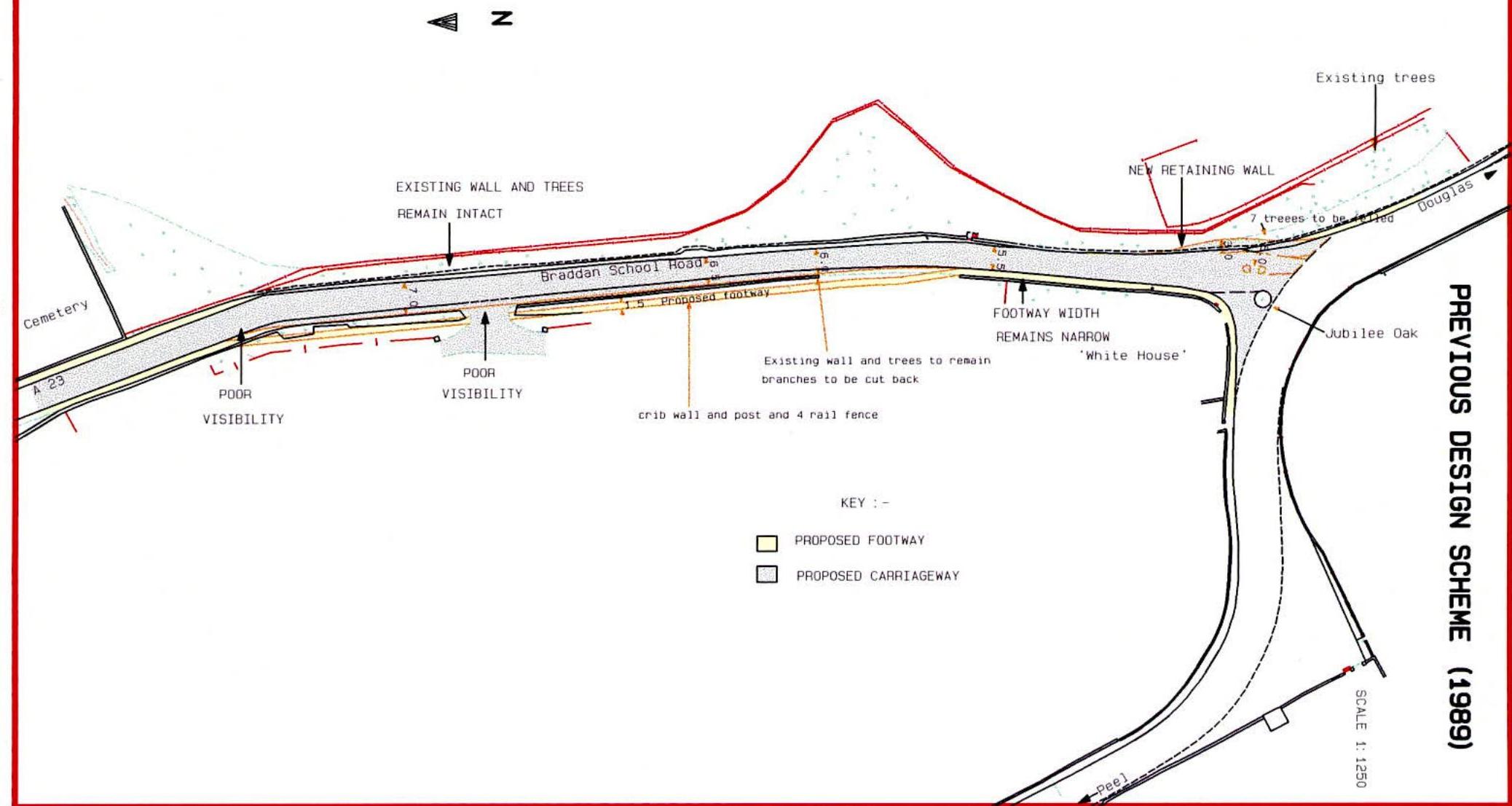 A technical site plan illustrating a highway widening scheme for Braddan School Road, detailing proposed footways, carriageways, and retaining walls.