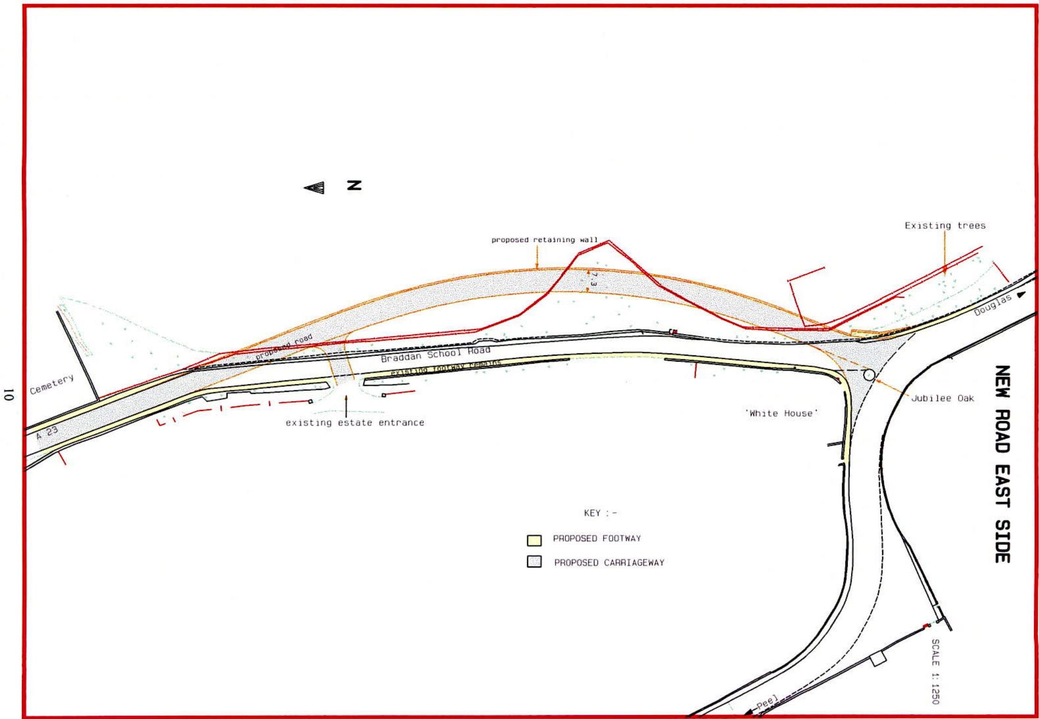Technical site plan illustrating proposed highway widening and road alterations for Braddan School Road, including new footways, carriageways, and retaining walls.