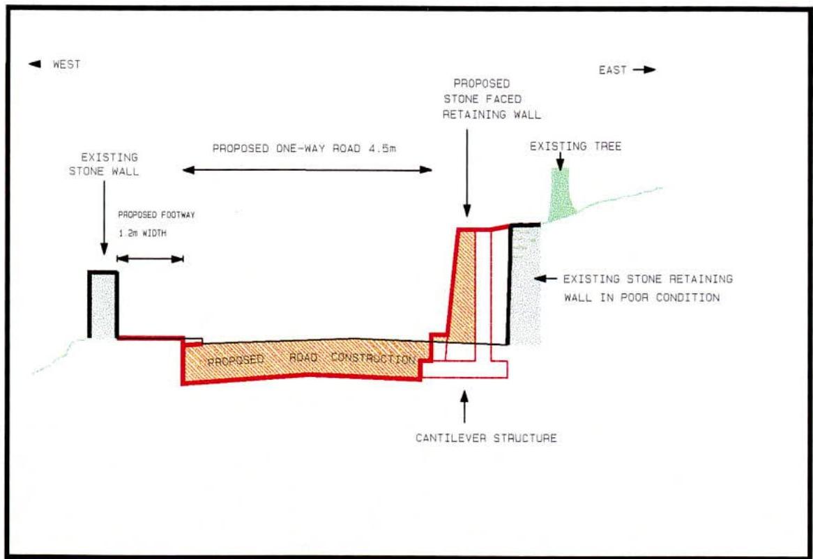 A technical cross-section drawing illustrating proposed road widening works, including a one-way road, footway, and retaining walls.