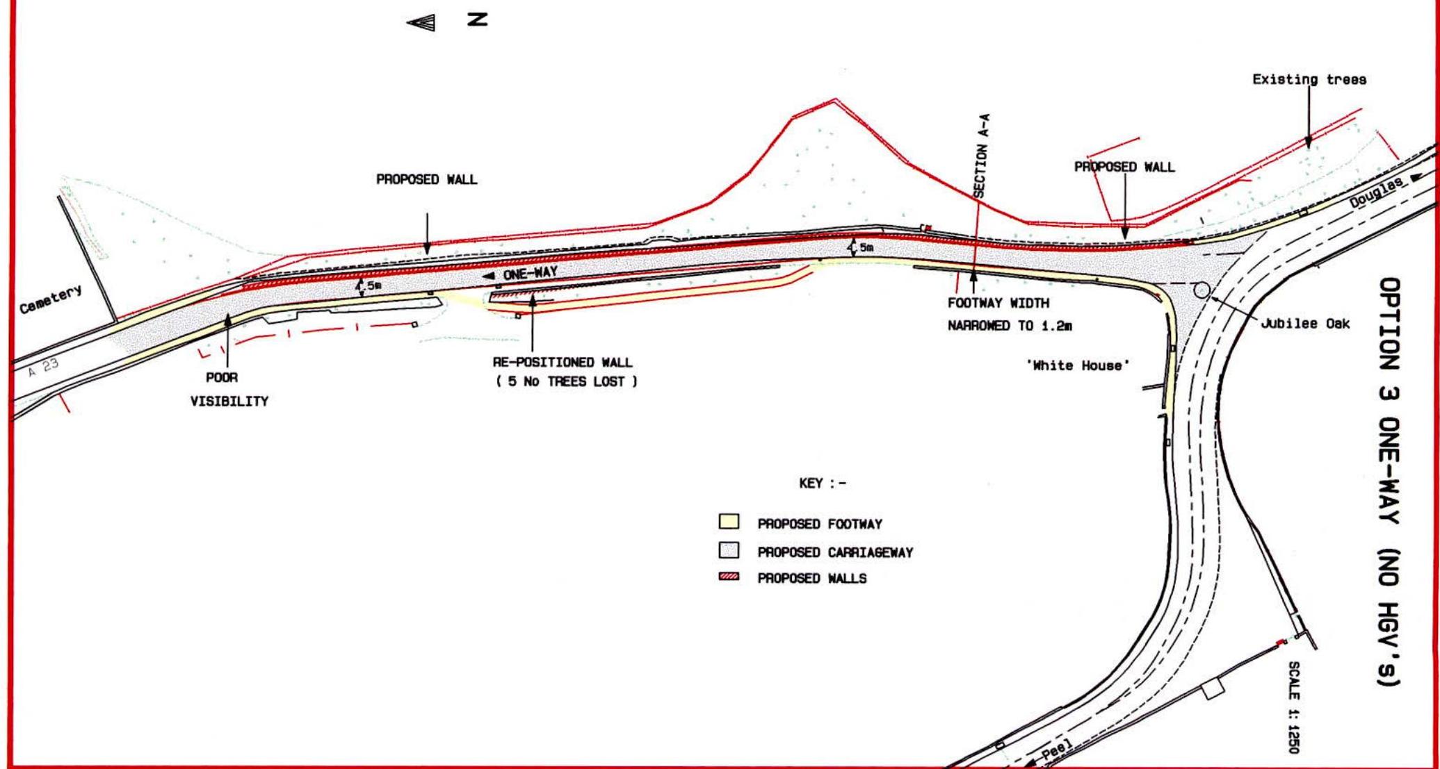 A technical site plan illustrating proposed road widening, including new walls, footways, and carriageways near a cemetery and White House.