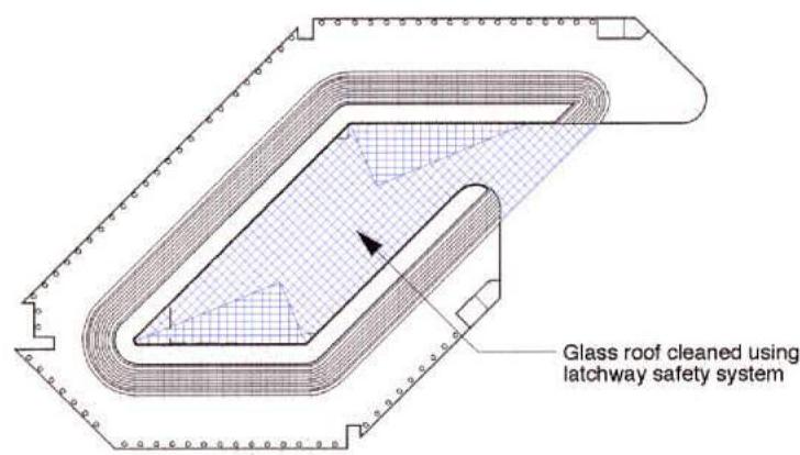 Architectural drawing showing a roof plan with a glass section and a latchway safety system annotation.
