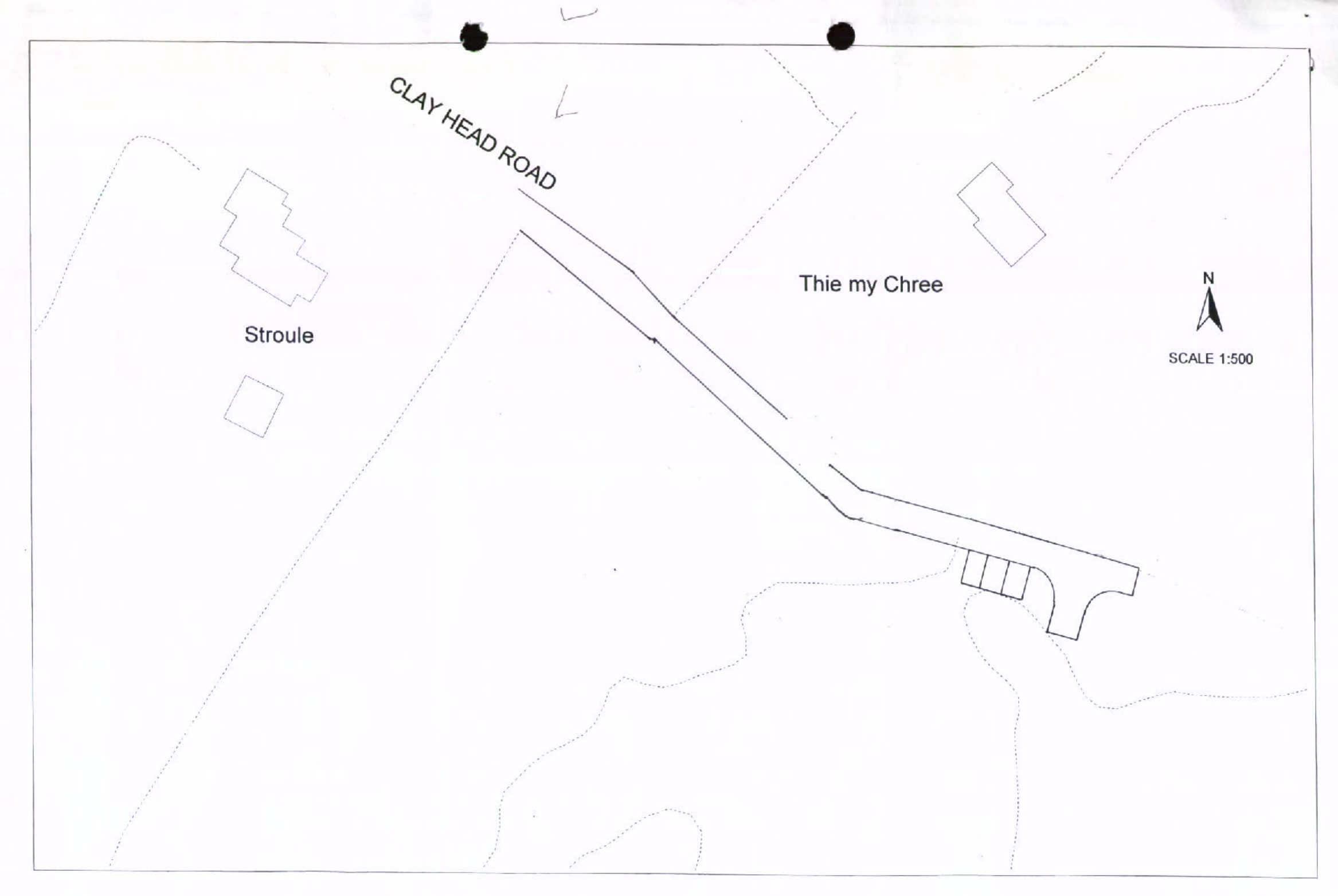 A site plan showing a proposed vehicular turning head and three parking spaces off Clay Head Road near properties Stroule and Thie my Chree.