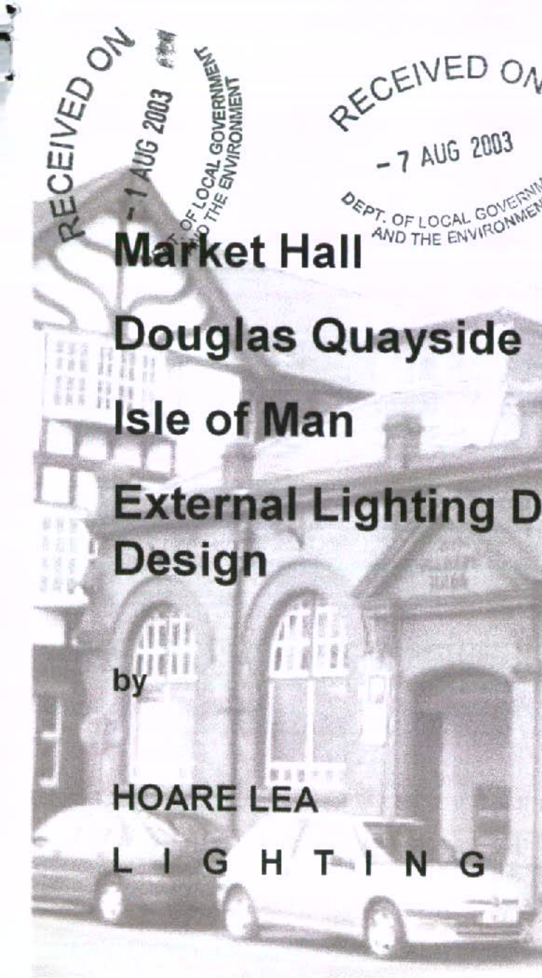 A scanned cover page for an external lighting design proposal featuring a black and white photograph of the Market Hall building.