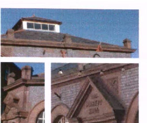 A composite image showing three views of a brick building, likely a Salvation Army hall, featuring a roofline with a dormer window and close-ups of the gable end and chimney.