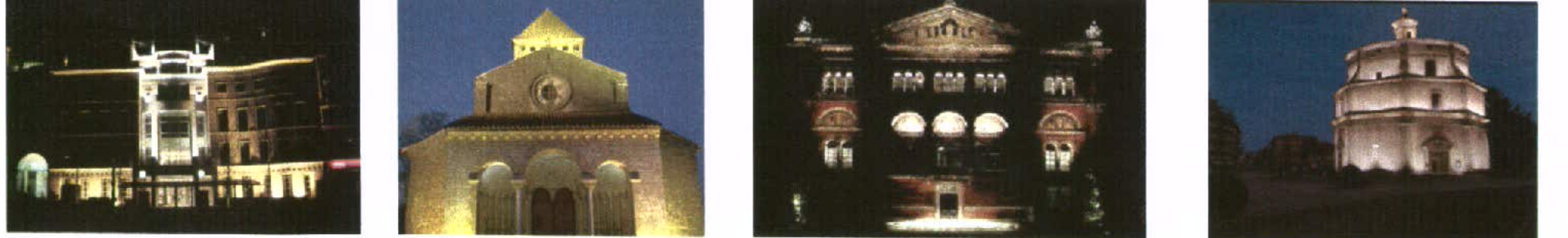 The image displays a composite of four photographs showing various buildings illuminated by architectural floodlights at night.