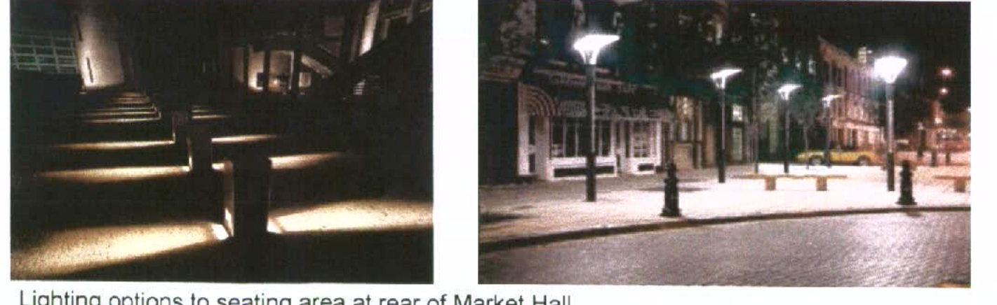 Two side-by-side night-time photographs showing proposed architectural lighting schemes, including uplighting on stairs and street lamps in a public square.