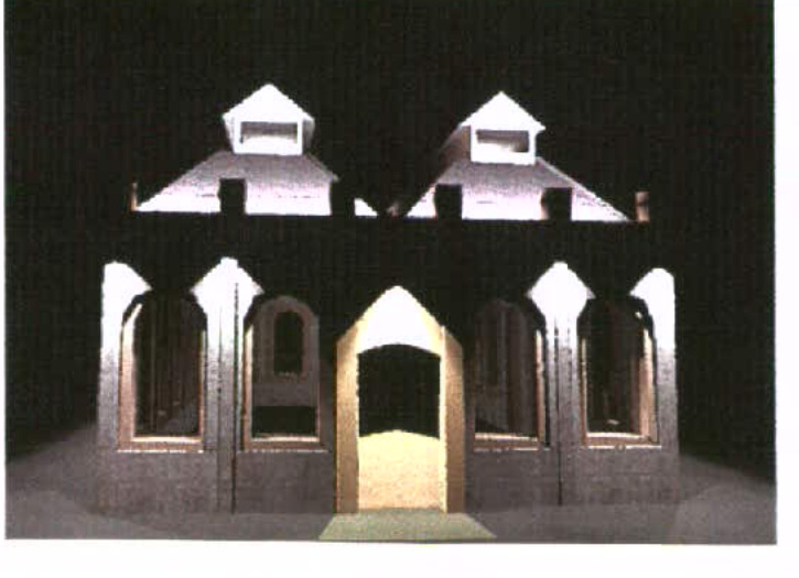 A digital rendering or photomontage showing a building facade illuminated by architectural uplighting at night.