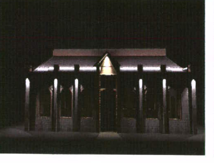 A night-time photograph of a single-story building illuminated by architectural external lighting along the roofline and vertical columns.