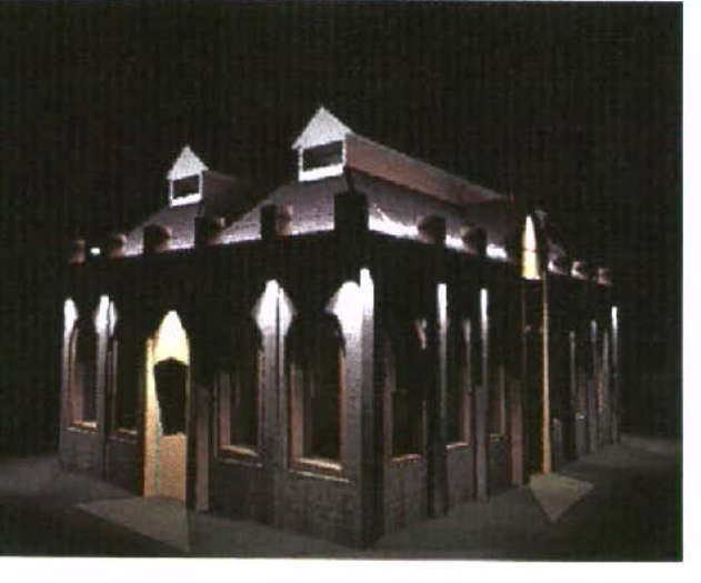 A night-time view of a stone building with arched windows and dormers, illuminated by architectural external lighting.