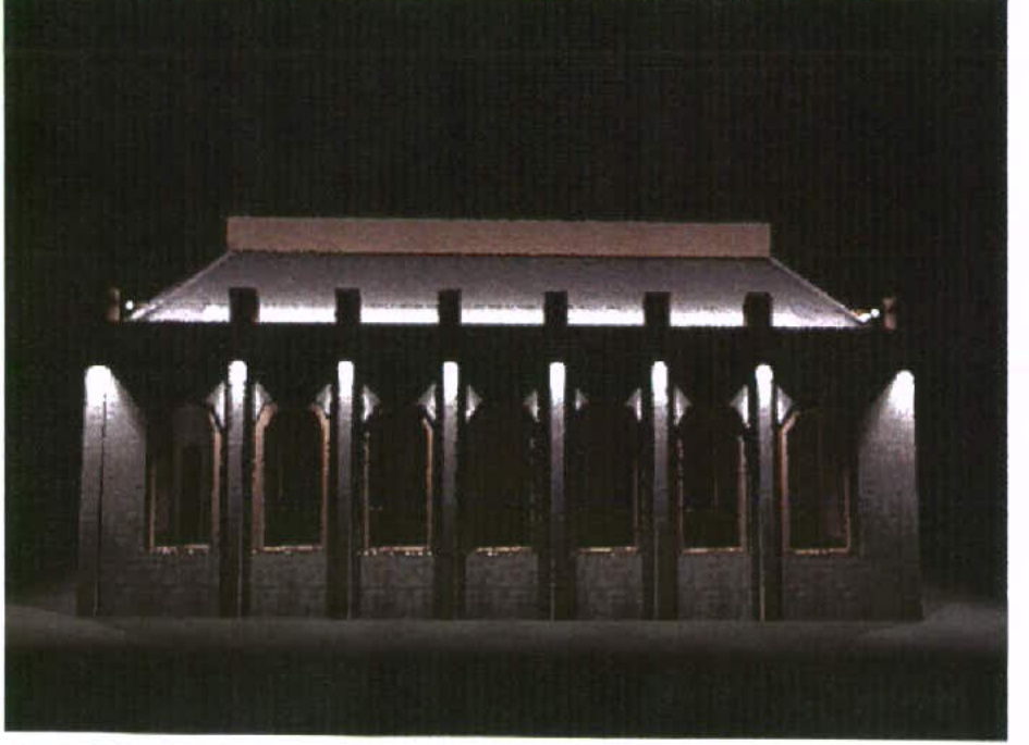 A night-time visualization showing a building facade with vertical columns illuminated by architectural external lighting fixtures.