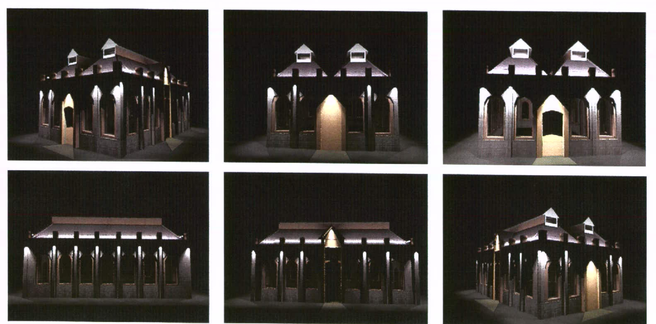 The image displays a grid of six views showing a building illuminated by architectural lighting at night.