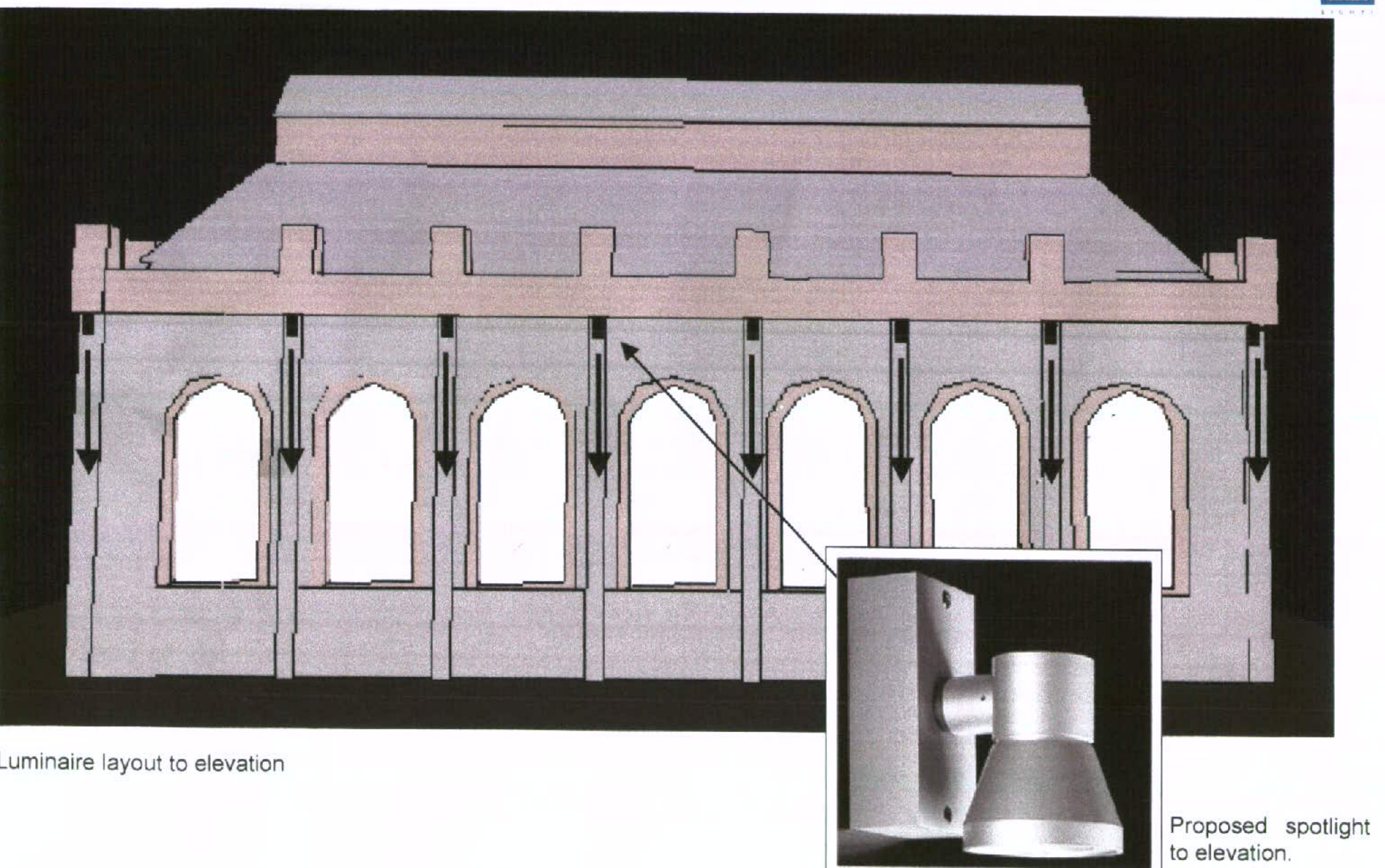 Architectural elevation drawing illustrating the proposed layout of external lighting fixtures on a building facade with arched windows and crenellations.