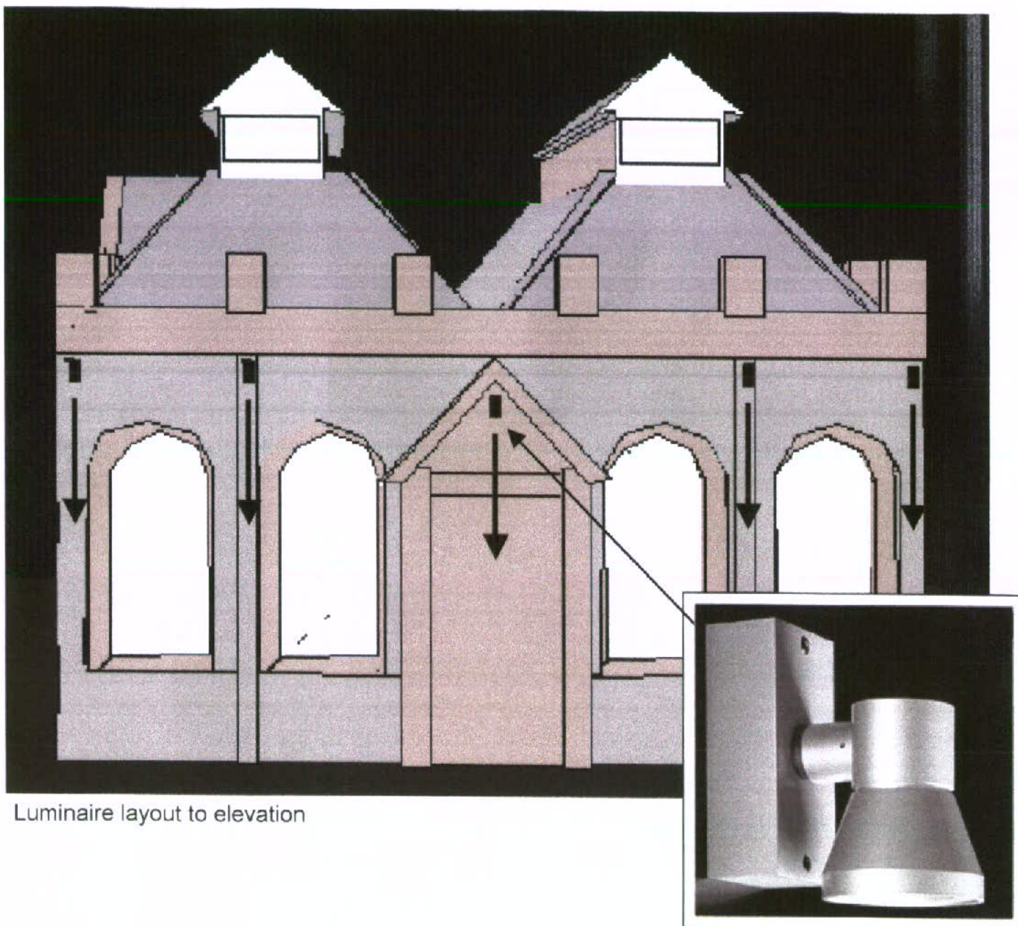 A technical elevation drawing showing the facade of a building with arched windows and dormers, annotated with arrows indicating lighting placement and an inset photo of a wall-mounted luminaire.
