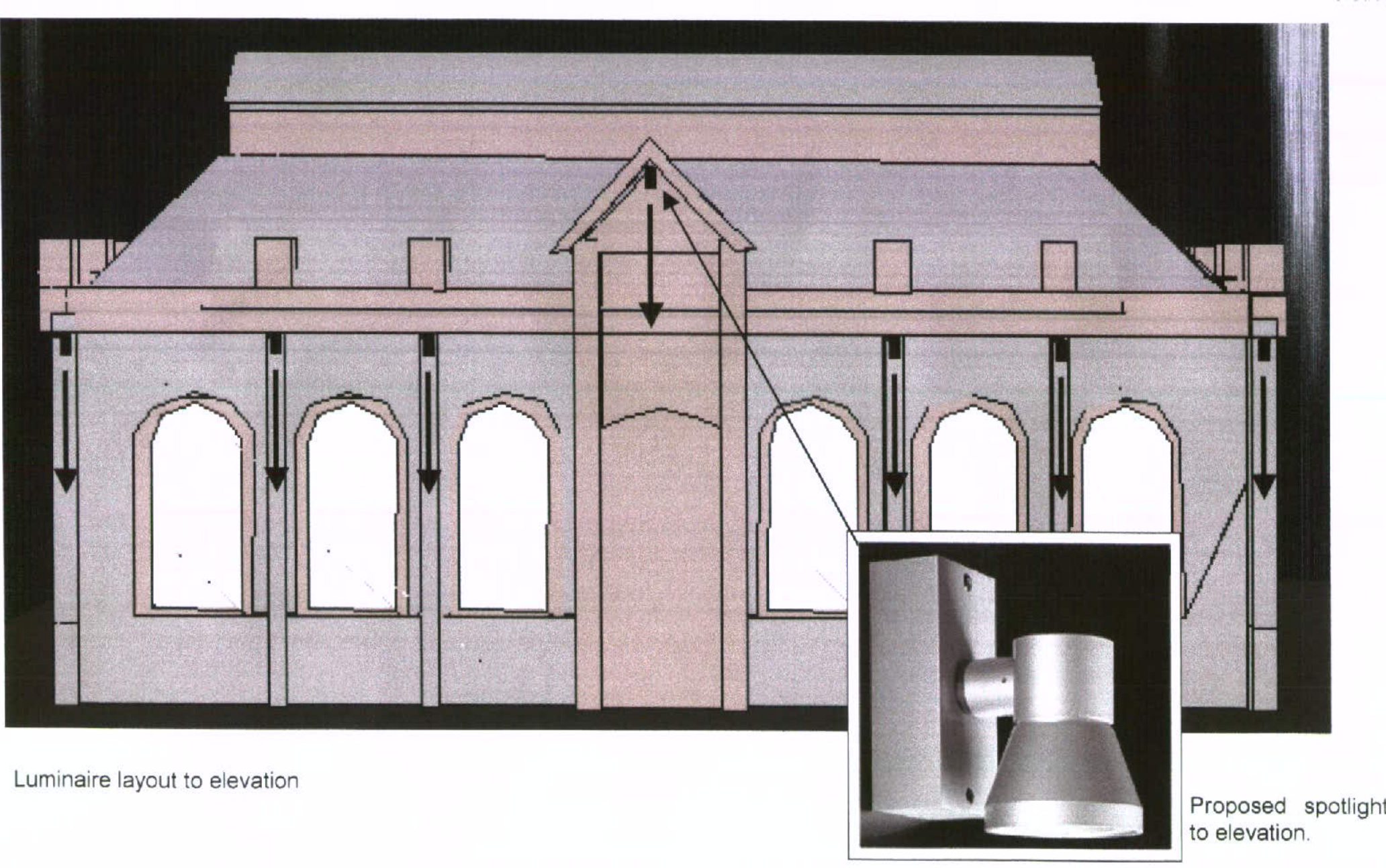 Architectural elevation drawing showing proposed external lighting layout on a building facade with arched windows. Includes a detailed inset of the spotlight fixture and arrows indicating light direction.