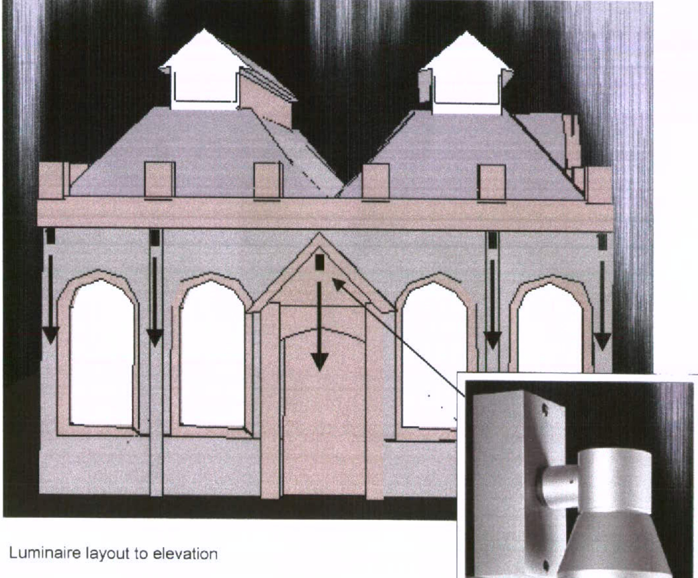 An architectural elevation drawing illustrating the layout of external lighting fixtures on a building facade, featuring arrows indicating light direction and an inset of the specific luminaire.