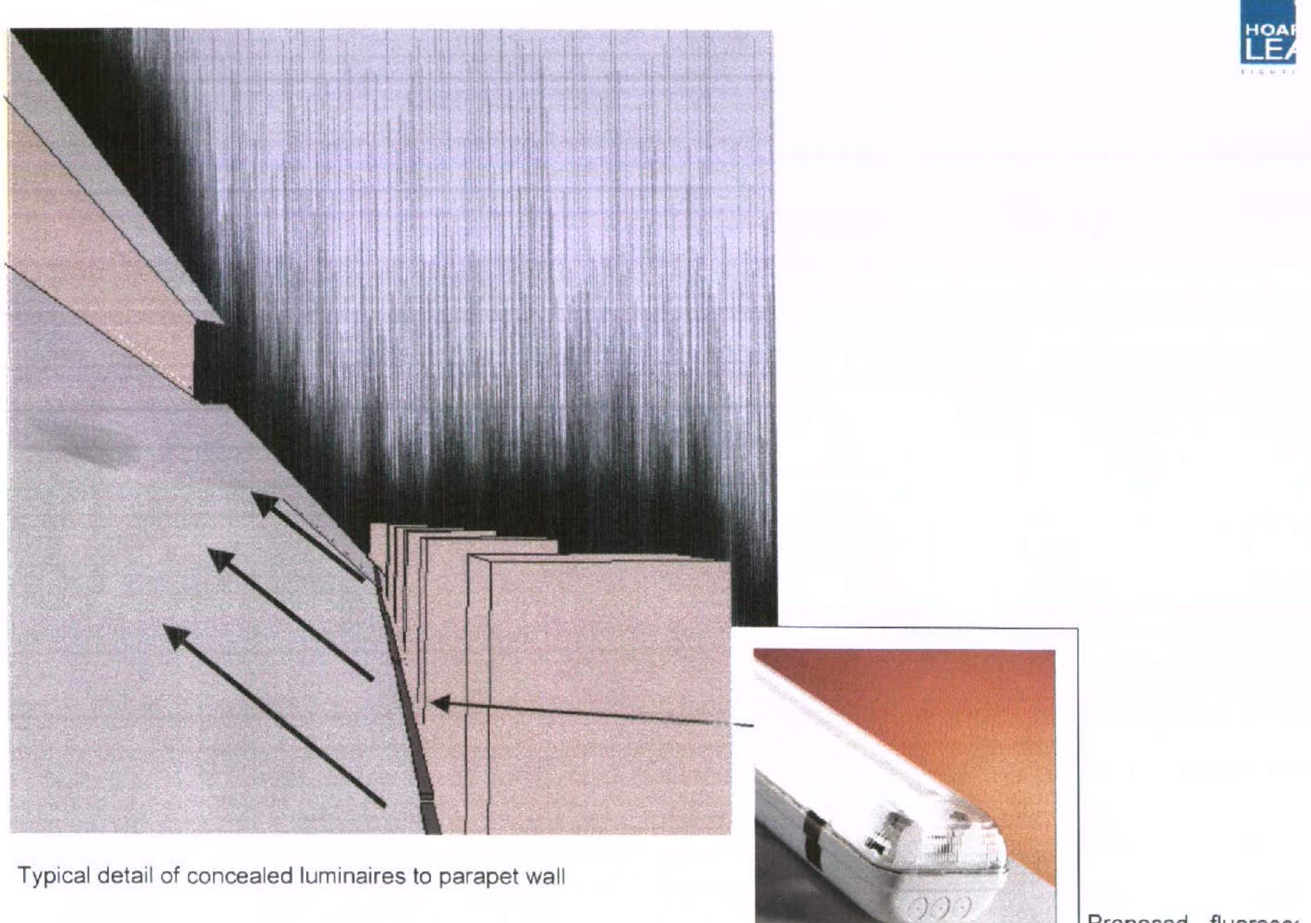 Technical architectural drawing showing a cross-section detail of concealed lighting fixtures installed on a parapet wall, accompanied by an inset photograph of the luminaire.