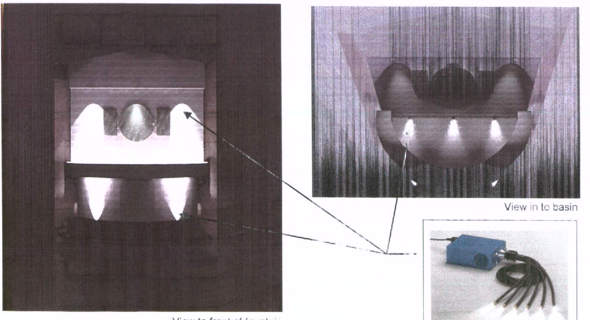 A technical diagram illustrating an architectural external lighting installation, showing a light fixture in a stone niche, a beam spread diagram labeled 'View in to basin', and a close-up of the electrical transformer.