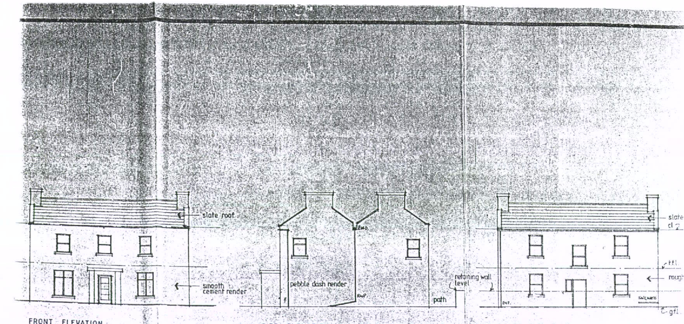 This is a black and white architectural drawing showing the front elevation of a building, likely a house or outbuilding, with detailed annotations for roof materials and wall finishes.