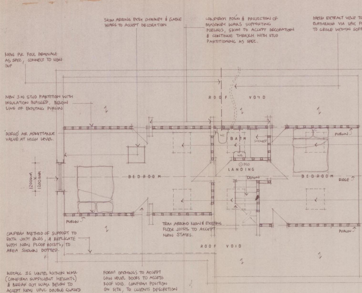 Architectural floor plan and section drawing detailing an attic conversion layout with bedrooms, bathroom, and landing, annotated with construction notes.