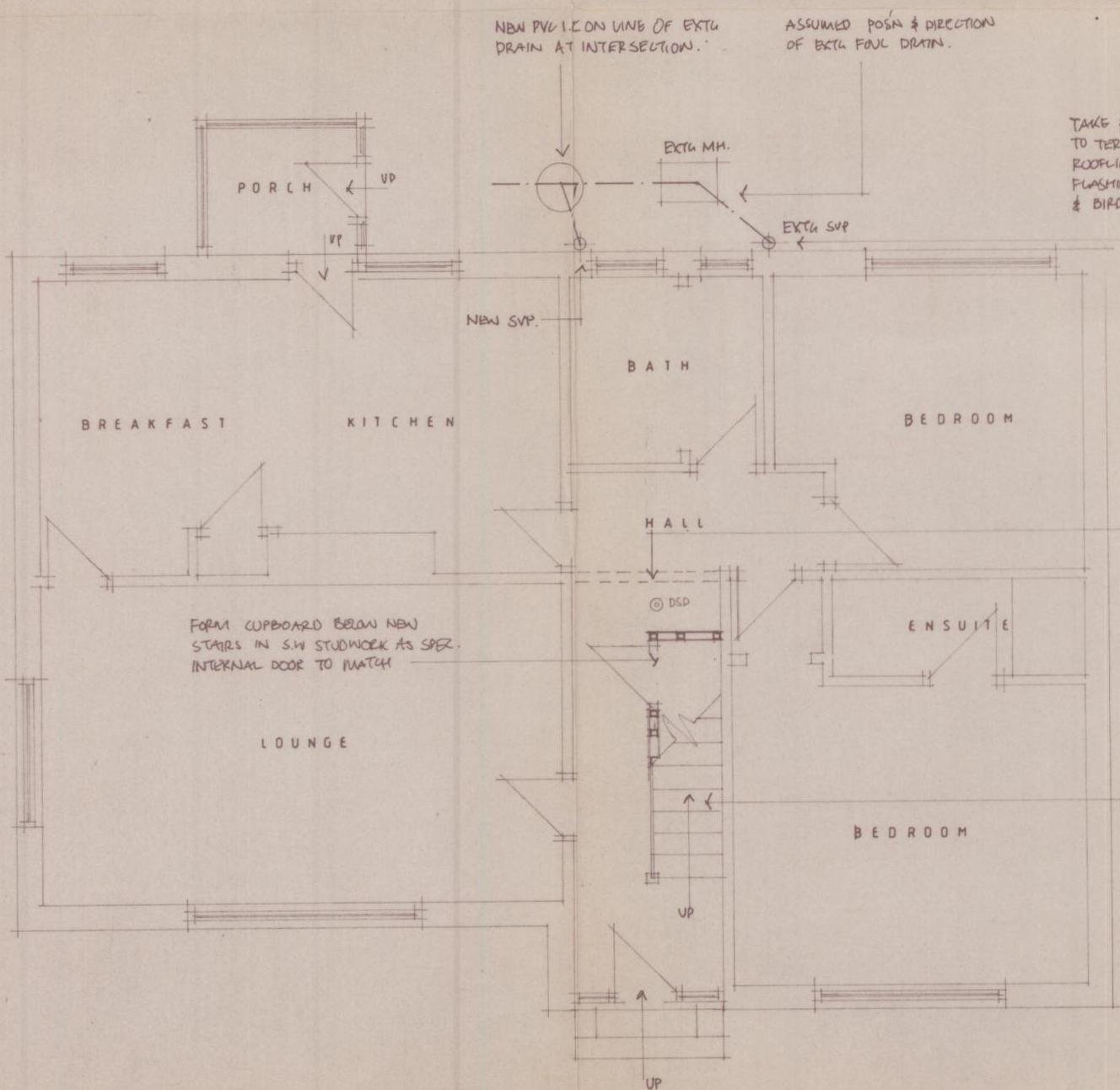 This image shows a hand-annotated architectural floor plan for an attic conversion, detailing room layouts including a kitchen, lounge, and bedrooms. It features specific construction notes regarding drainage lines an...