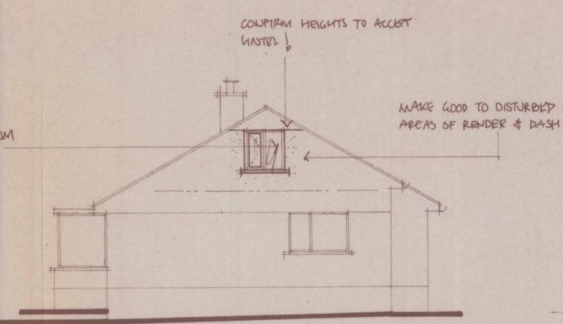 An architectural elevation drawing showing a pitched roof with a dormer window and chimney, featuring handwritten notes regarding heights and rendering details.