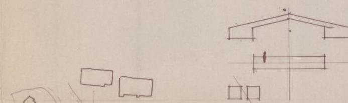 Architectural sketch showing a gable end roof section and plan outlines of structures.