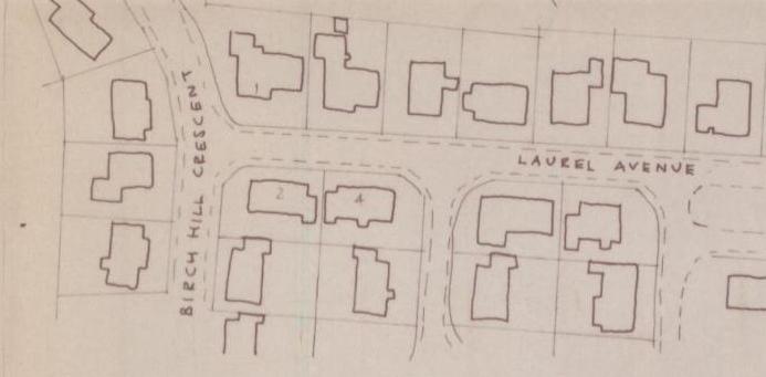 The image displays a hand-drawn site plan showing the layout of properties along Birch Hill Crescent and Laurel Avenue, with outlines of houses and plot boundaries.
