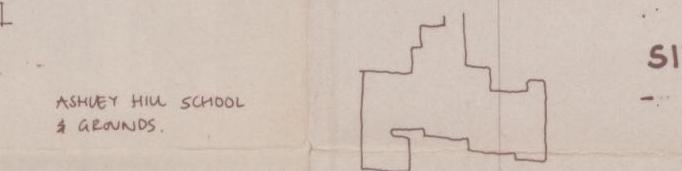 A hand-drawn sketch plan labeled 'Ashley Hill School & Grounds' showing an irregular site or building footprint.