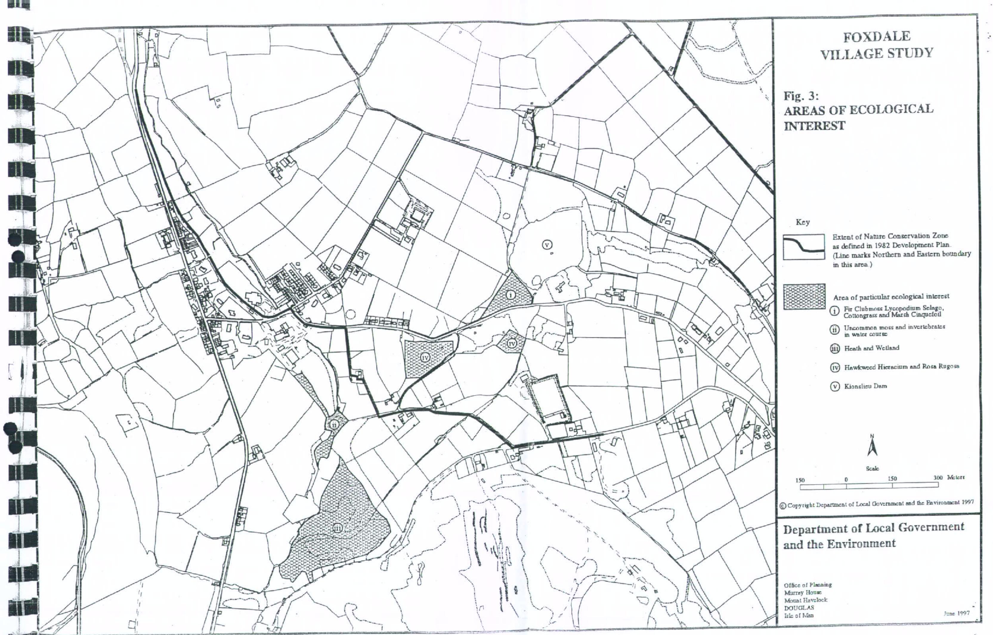 A black and white map titled 'Foxdale Village Study' illustrating areas of ecological interest with field boundaries and a legend.