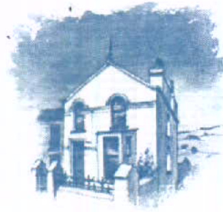 A low-resolution, blue-tinted architectural sketch depicting a two-story detached building with a gable roof and a front boundary fence.