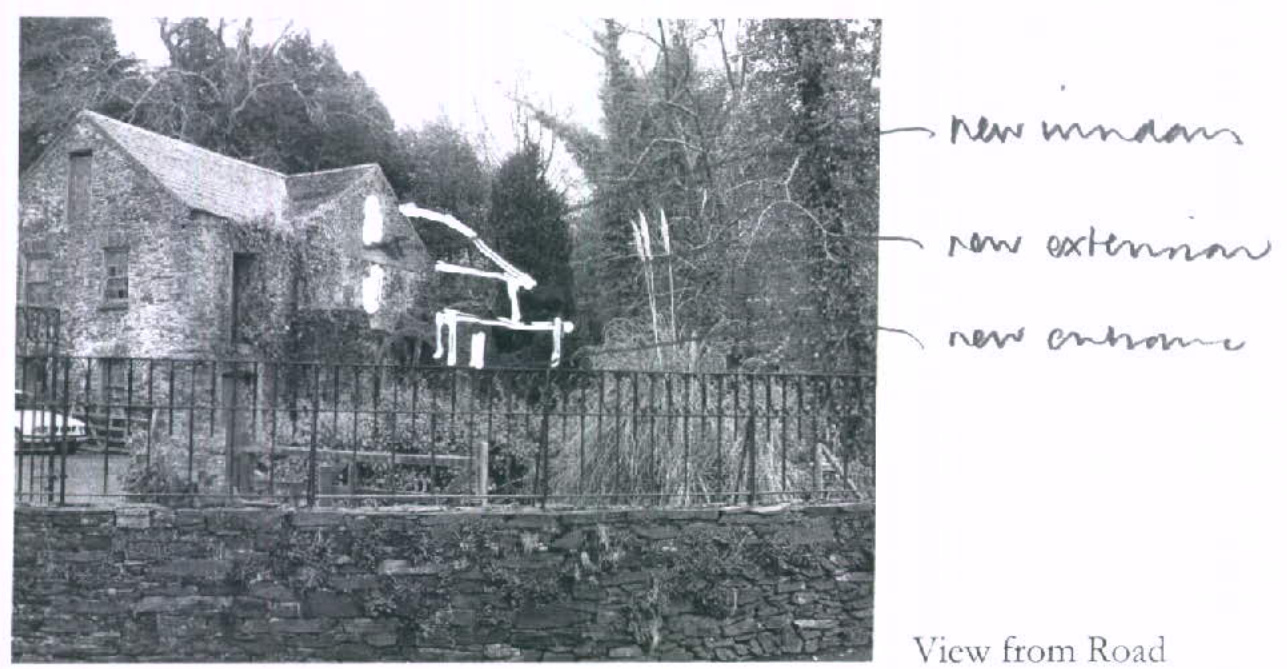 An annotated black and white photograph of a stone building showing proposed modifications with white hand-drawn lines and text labels. The annotations indicate a new window, a new extension, and a new entrance on the...