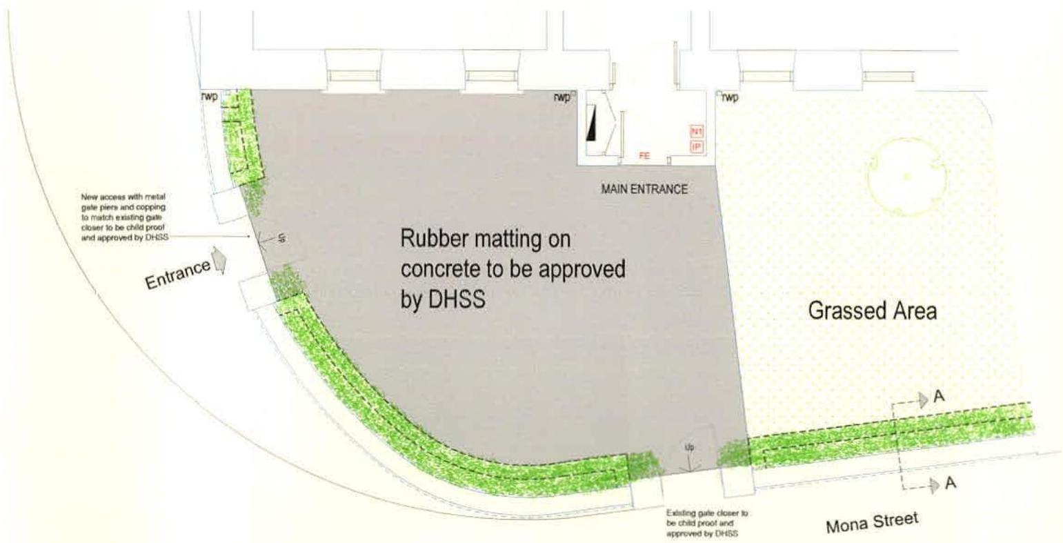 A site plan detailing the external layout for a nursery, showing a rubber matting play area, grassed sections, and new pedestrian access points.