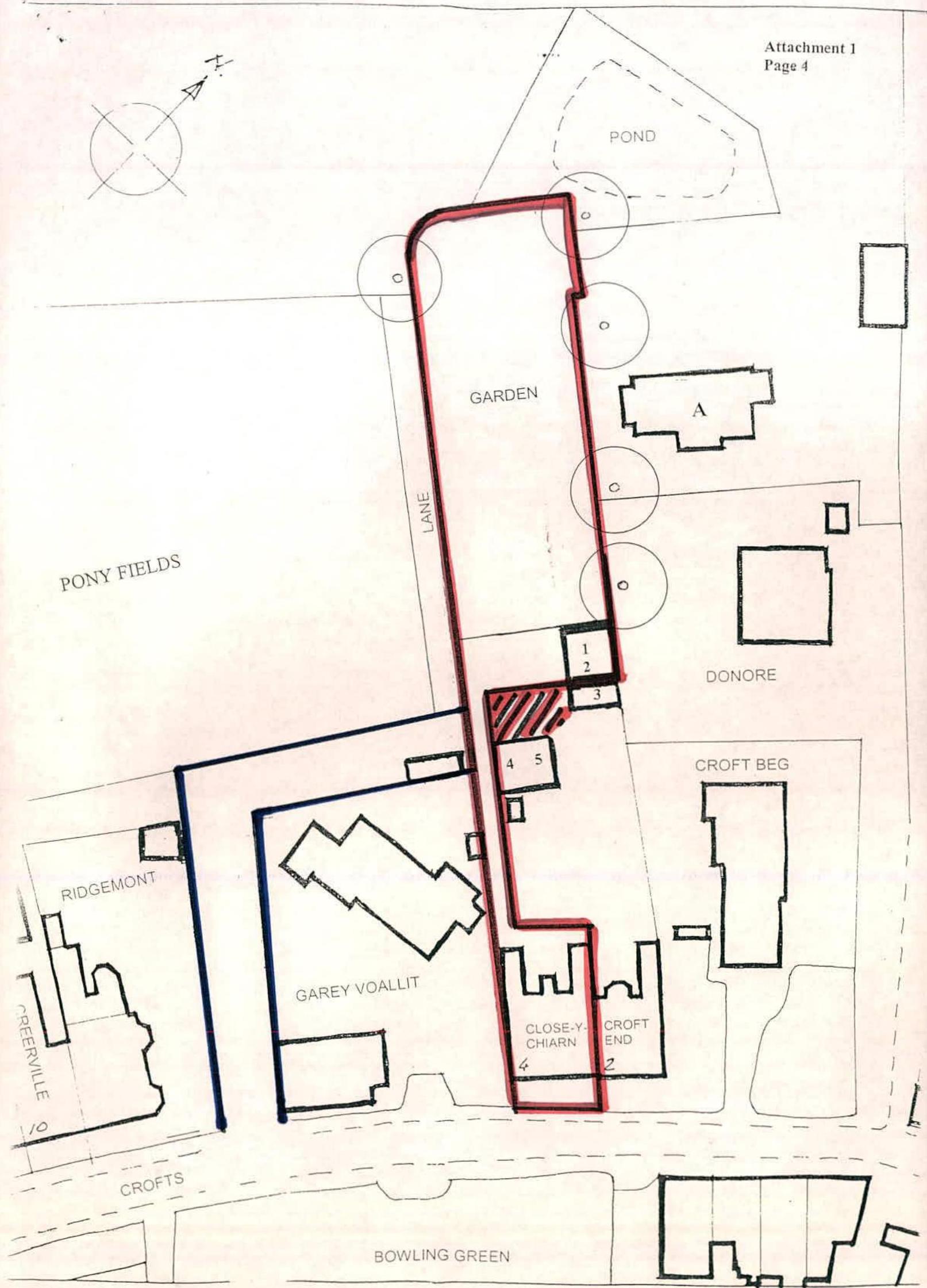 This image displays a site plan showing the proposed plot boundary in red, surrounded by neighboring properties like 'Garey Voallit' and 'Donore'. It includes labels for features such as a 'Lane', 'Garden', and 'Pond'...