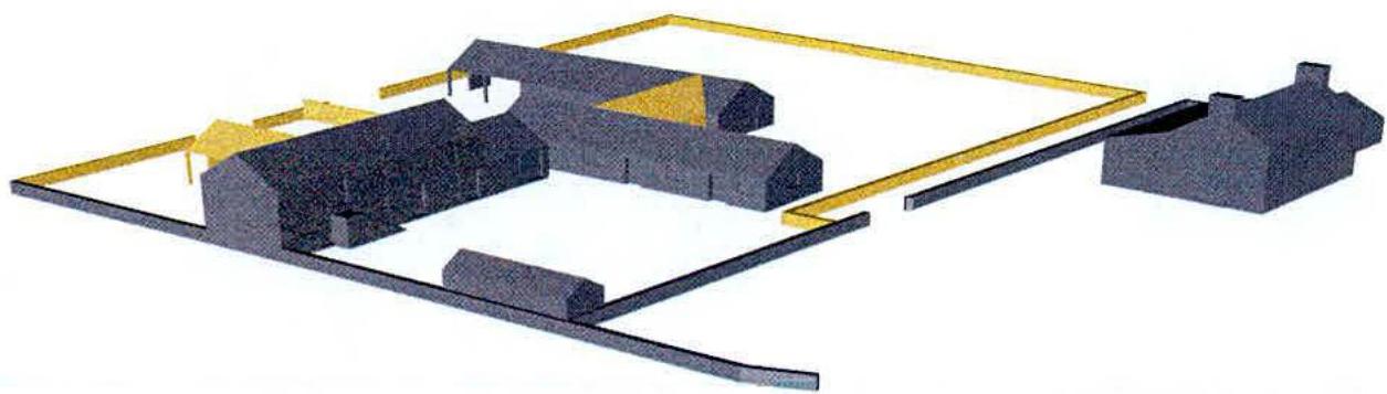 A 3D axonometric block plan illustrating the site layout, existing buildings, and property boundaries.