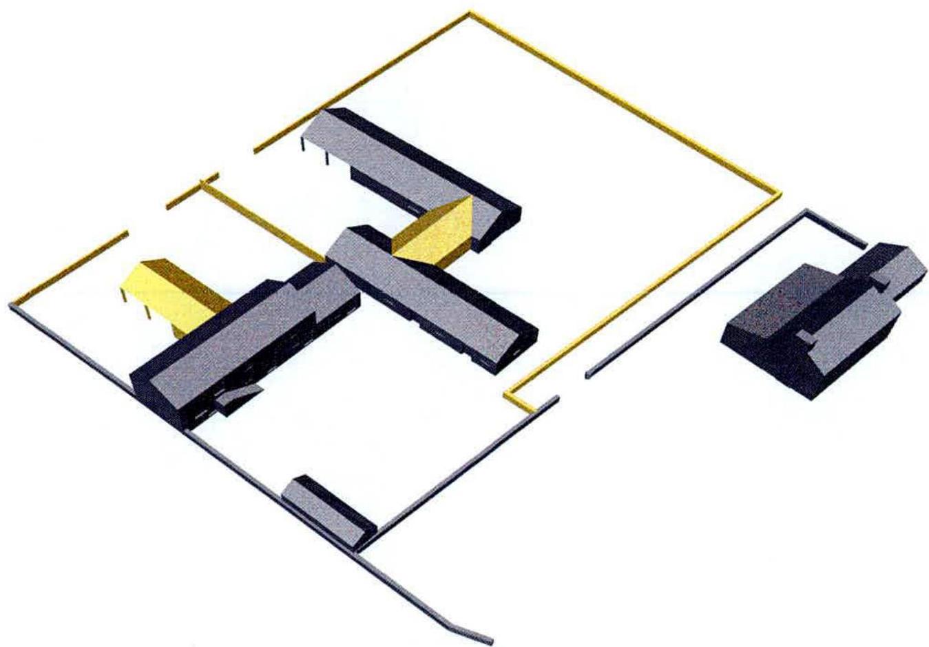 A 3D axonometric block diagram showing the site layout with a main farmhouse complex, a separate outbuilding, and yellow boundary lines.
