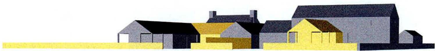 A stylized architectural drawing showing a row of buildings, likely a farmhouse and outbuildings, with yellow highlights indicating proposed alterations or new structures.