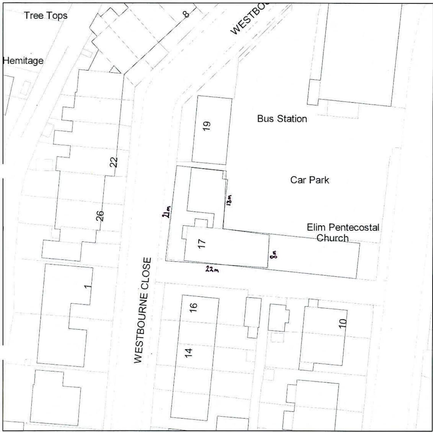 A black and white site plan showing the location of property 17 Westbourne Close, Ramsey, surrounded by neighboring buildings, a bus station, and a car park.
