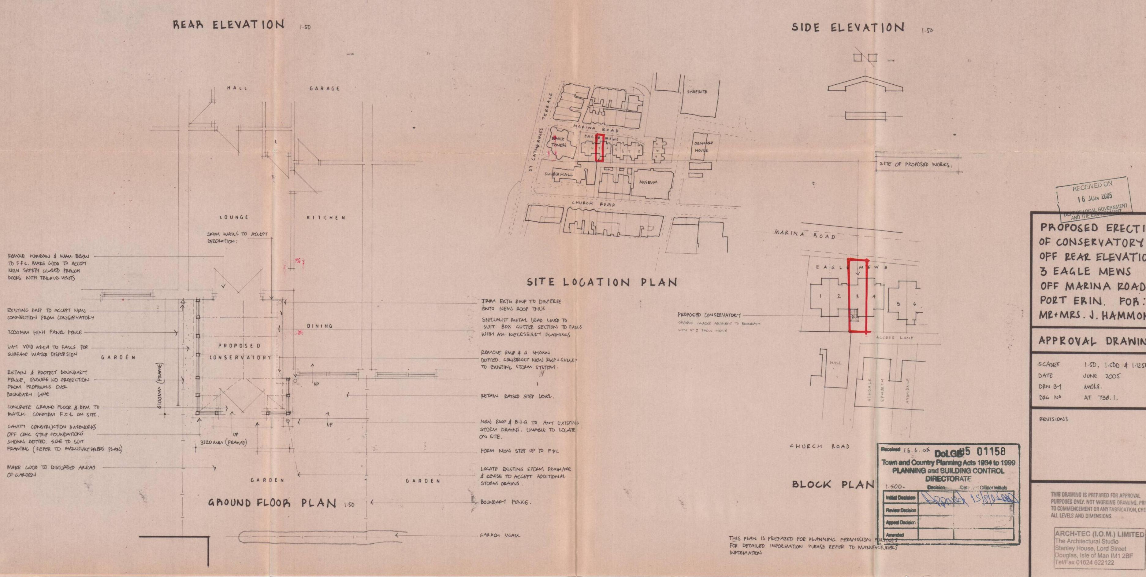 This image displays a composite architectural drawing sheet for a planning application, featuring rear and side elevations, a ground floor plan, a site location plan, and a block plan for a proposed conservatory.