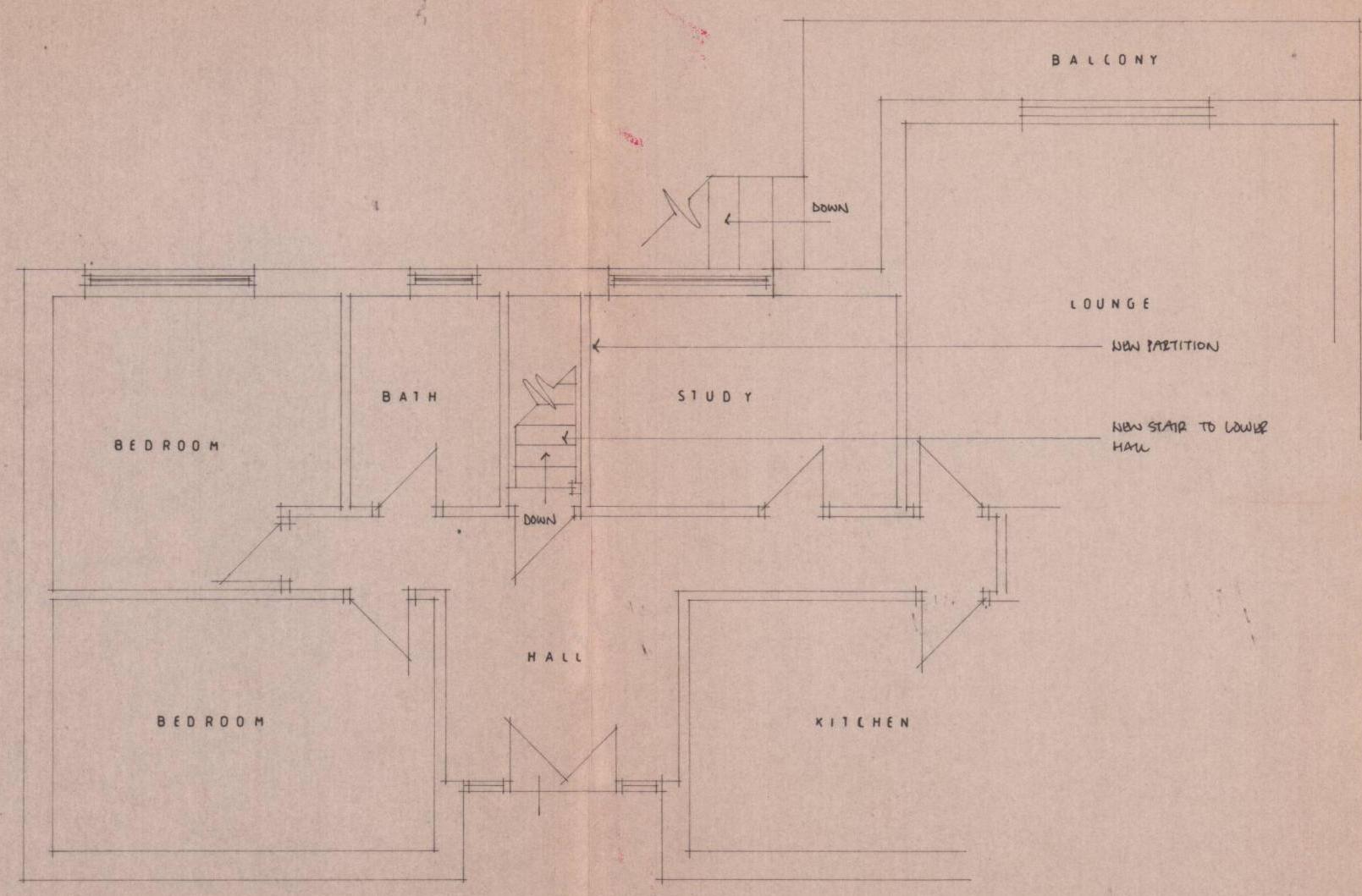 This image displays an architectural floor plan showing the internal layout of a residential property, including rooms like bedrooms, a lounge, and kitchen. Handwritten annotations indicate proposed changes such as a...