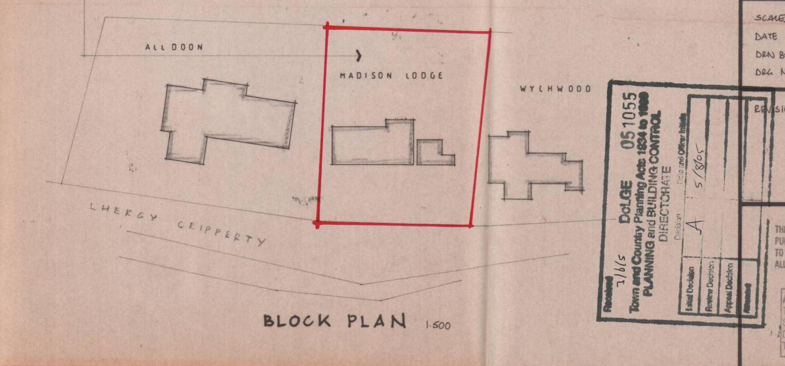 A block plan drawing showing the footprint of a property named 'Madison Lodge' highlighted with a red boundary box, situated between neighboring properties 'Alldoon' and 'Wylhwood'.