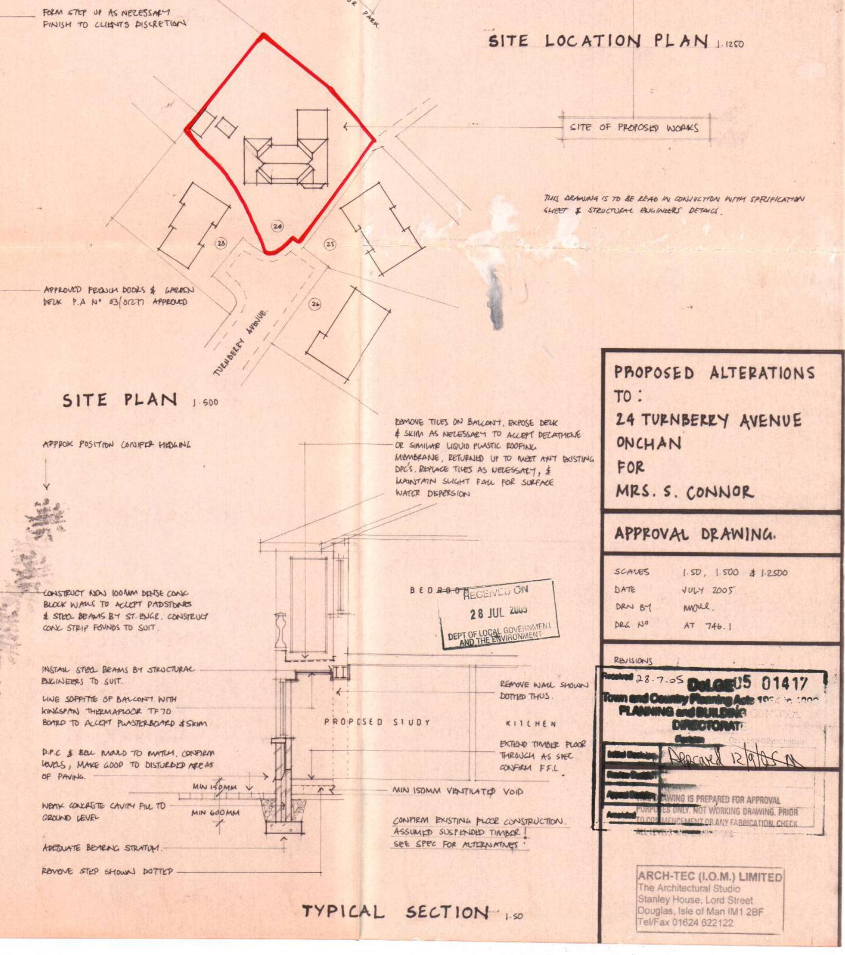 The image shows a planning drawing sheet featuring a site location plan, a site plan, and a typical section detail for a proposed study extension.
