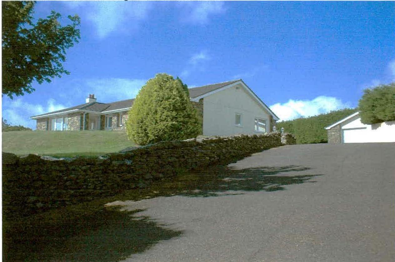 A view of a detached house situated on a grassy slope with a stone wall and driveway in the foreground, likely a visualization of the proposed dwelling.