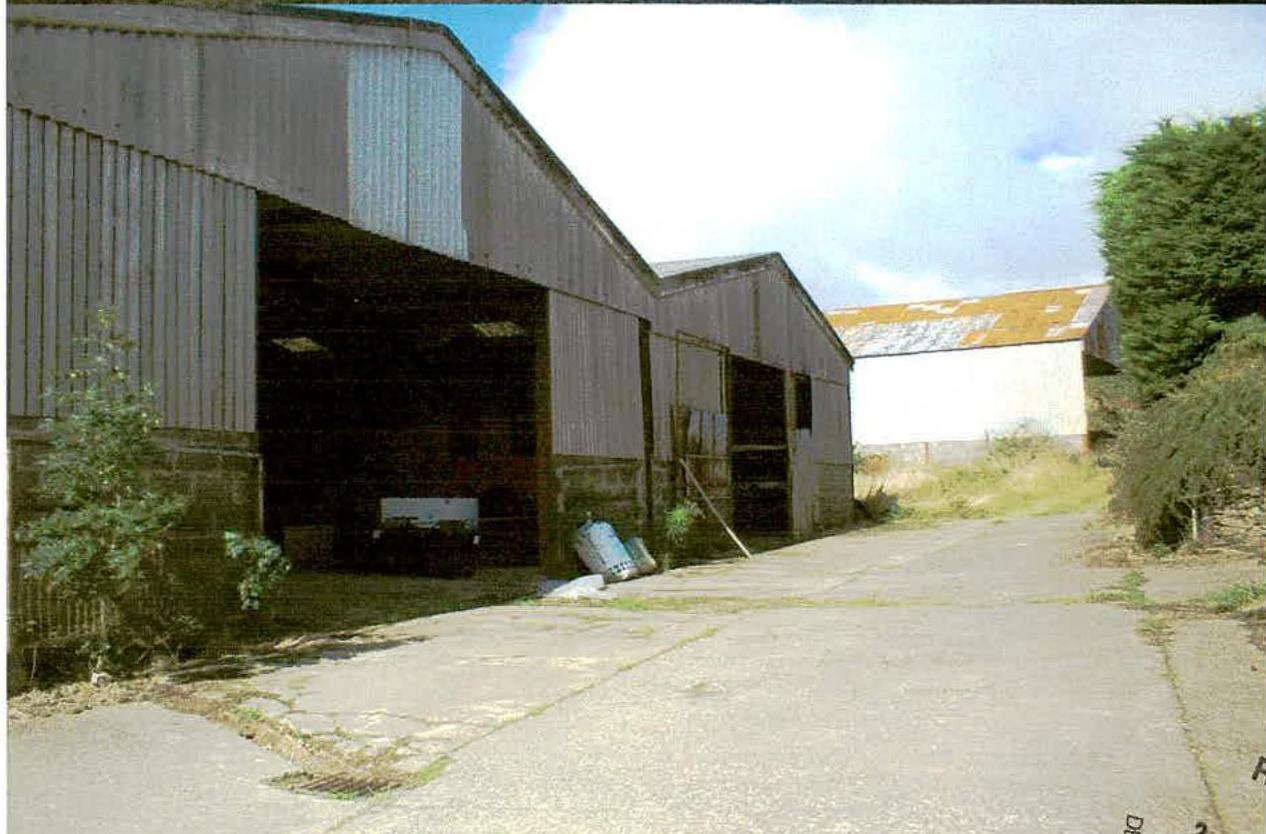 A photograph showing a large, weathered agricultural shed with corrugated metal cladding and open bays, situated on a concrete yard.