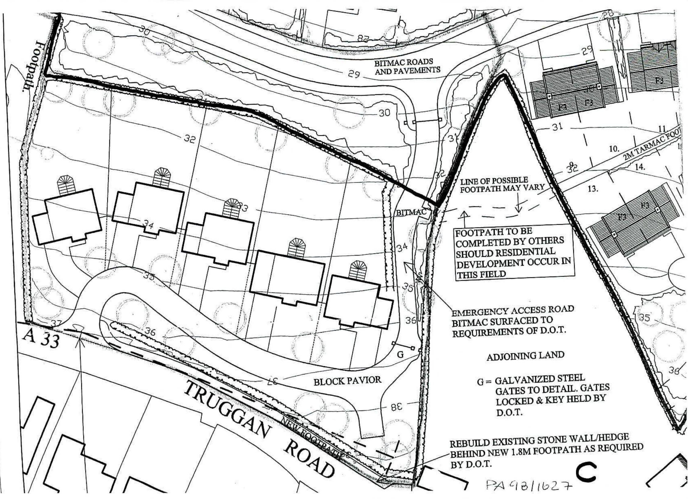 A black and white site plan illustrating the layout of four proposed houses, access roads, footpaths, and boundary details along Truggan Road.
