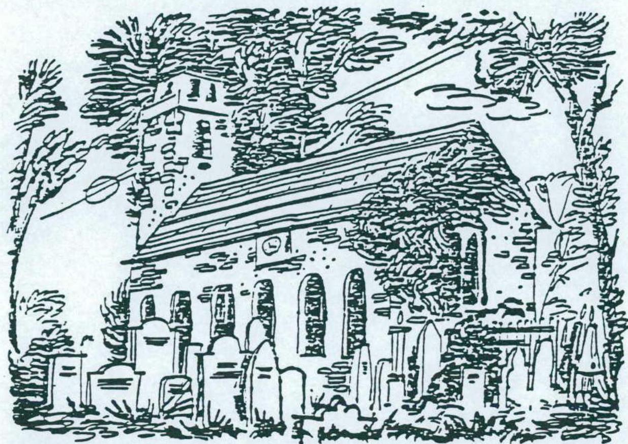 A black and white artistic sketch or drawing depicting a stone church with a graveyard and surrounding trees.
