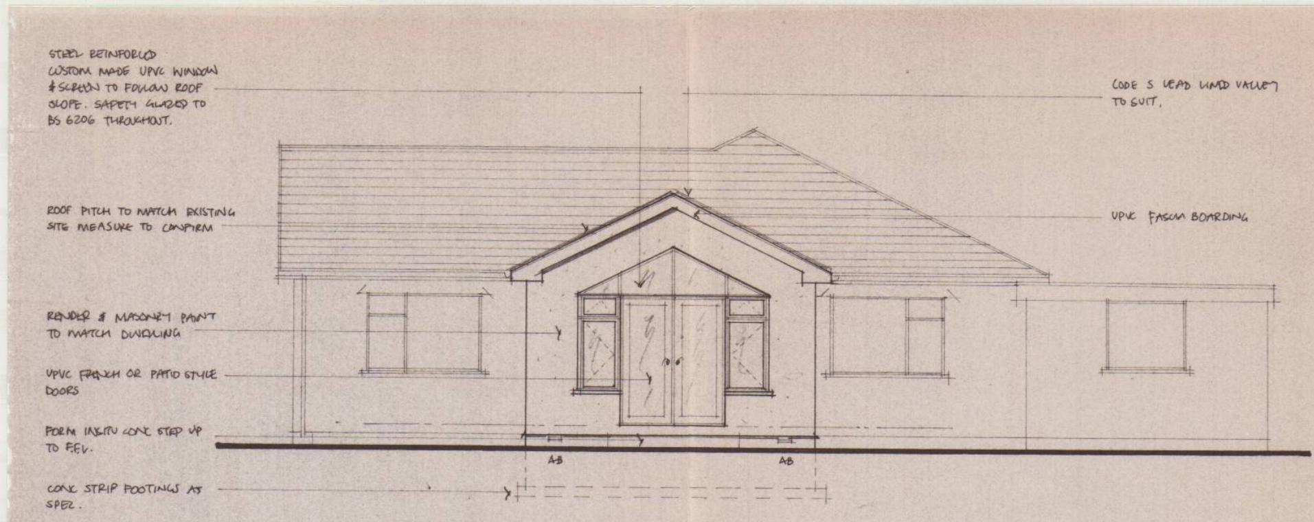 Architectural elevation drawing showing a proposed sun lounge extension to the rear of a house, with annotations detailing materials and construction.