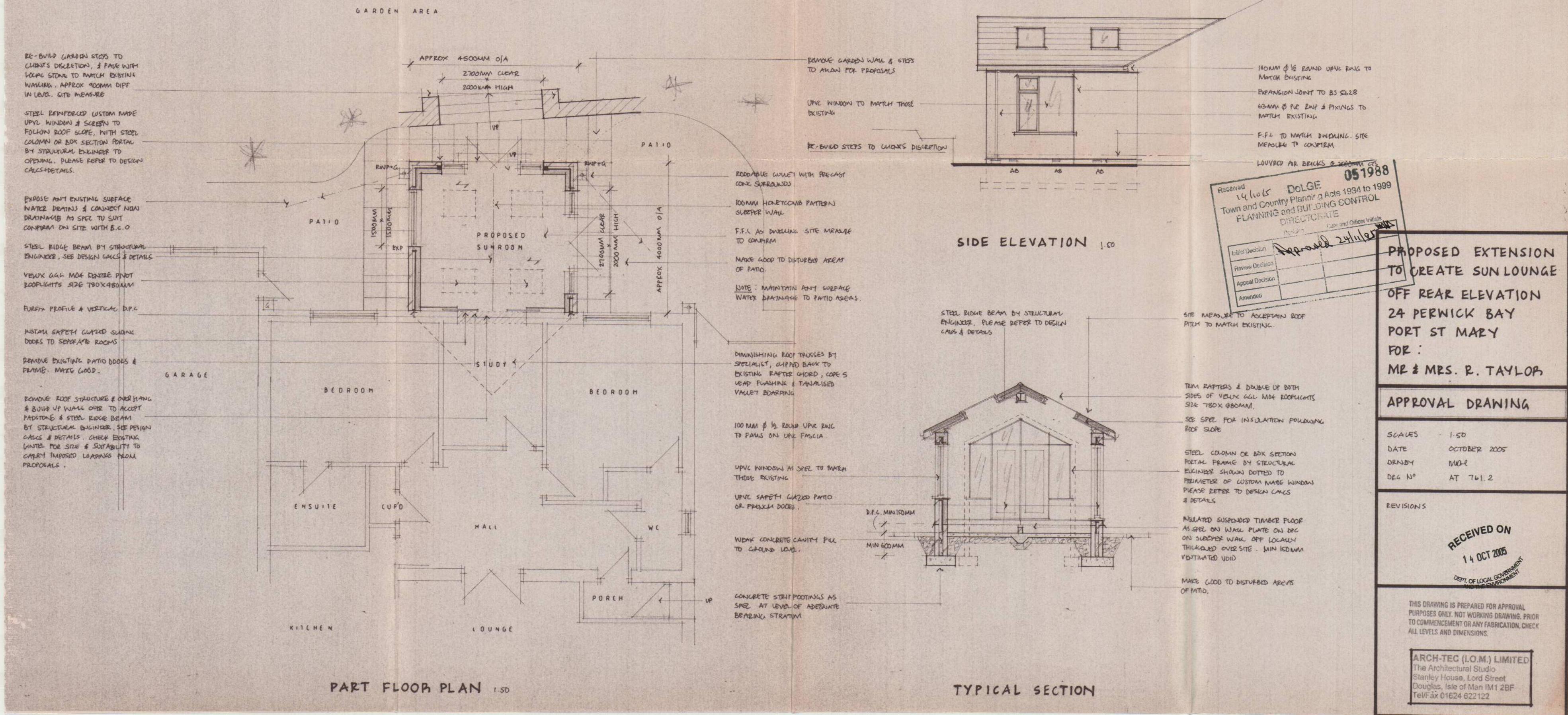 Architectural drawing displaying a part floor plan, side elevation, and typical section for a proposed sun lounge extension.