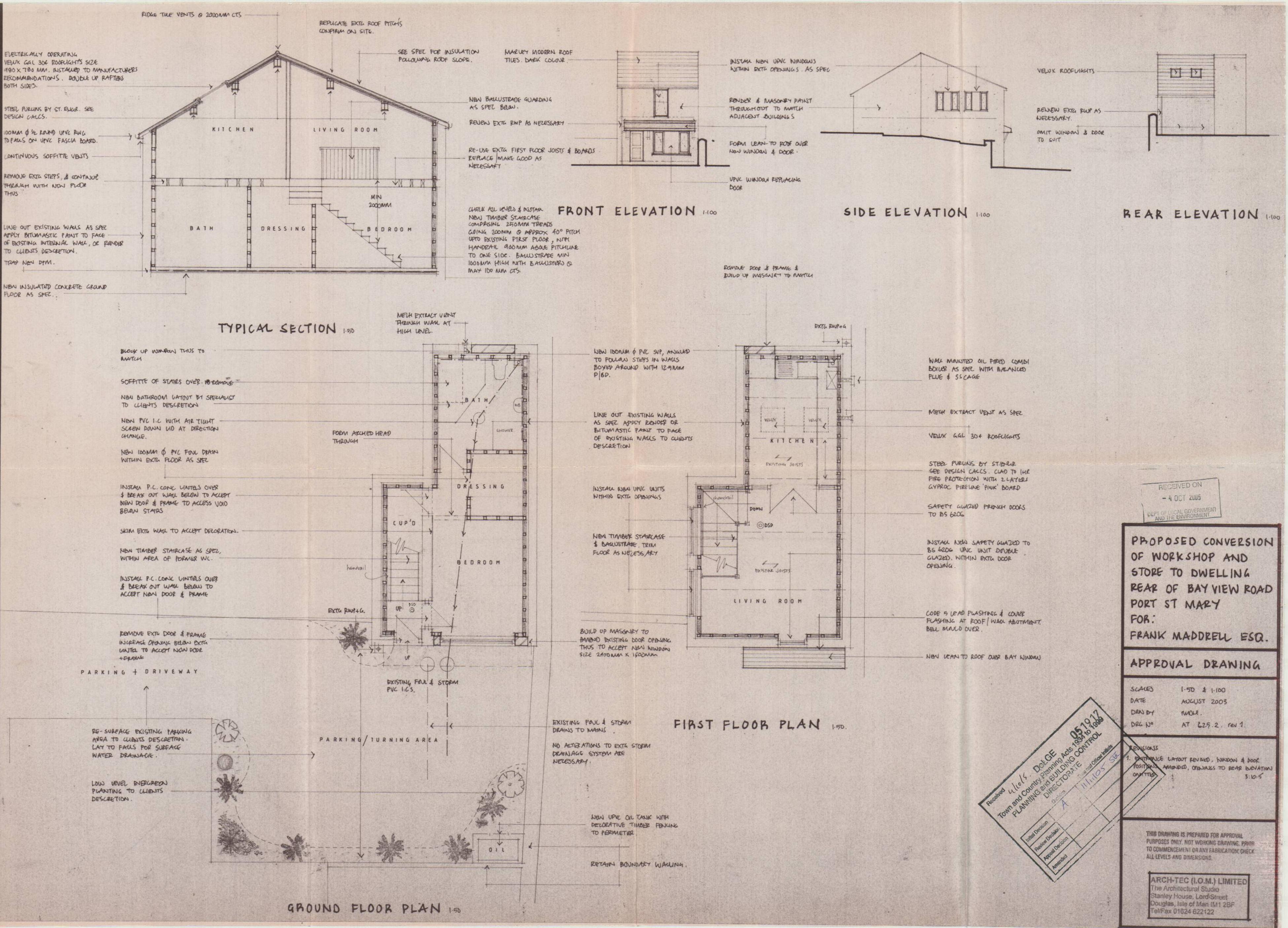 This image displays a set of architectural drawings for a proposed conversion of a workshop and store into a dwelling, featuring elevations, sections, and floor plans.